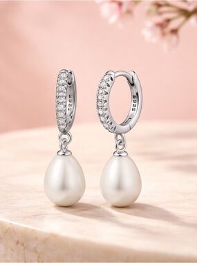 925 Sterling Silver Pearl Drop Hoop Earrings -
